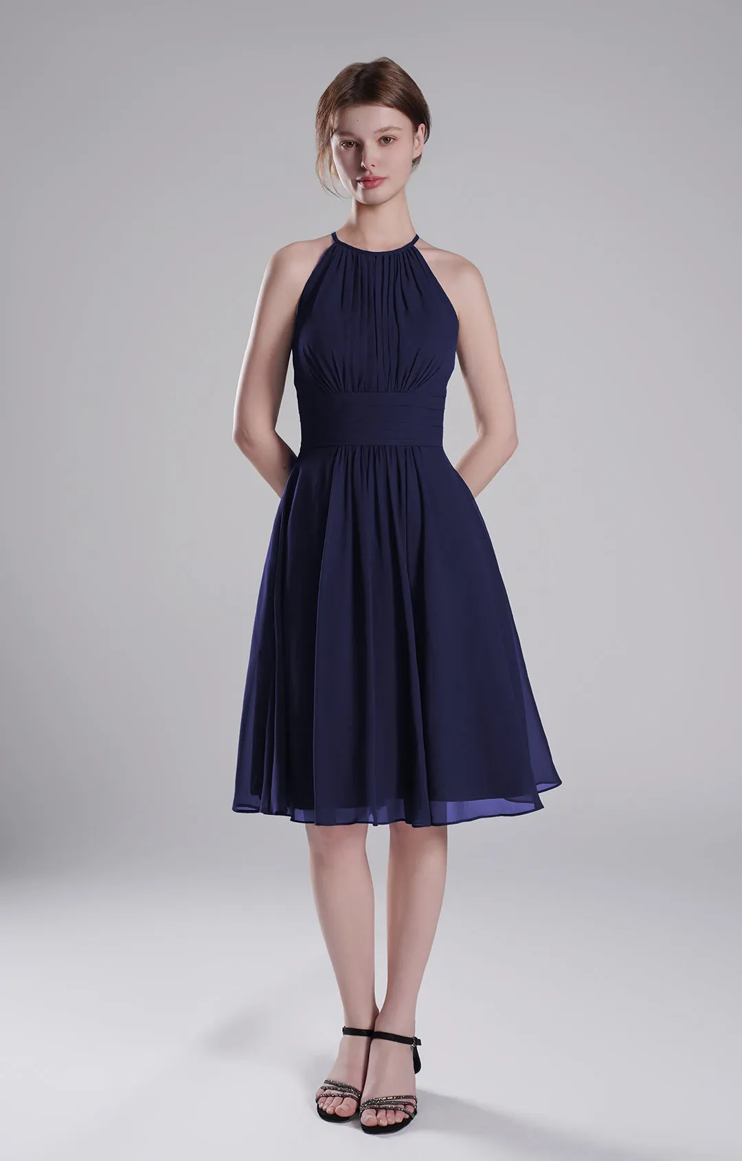 Halter Neck Pleated Bodice Flared Dresses