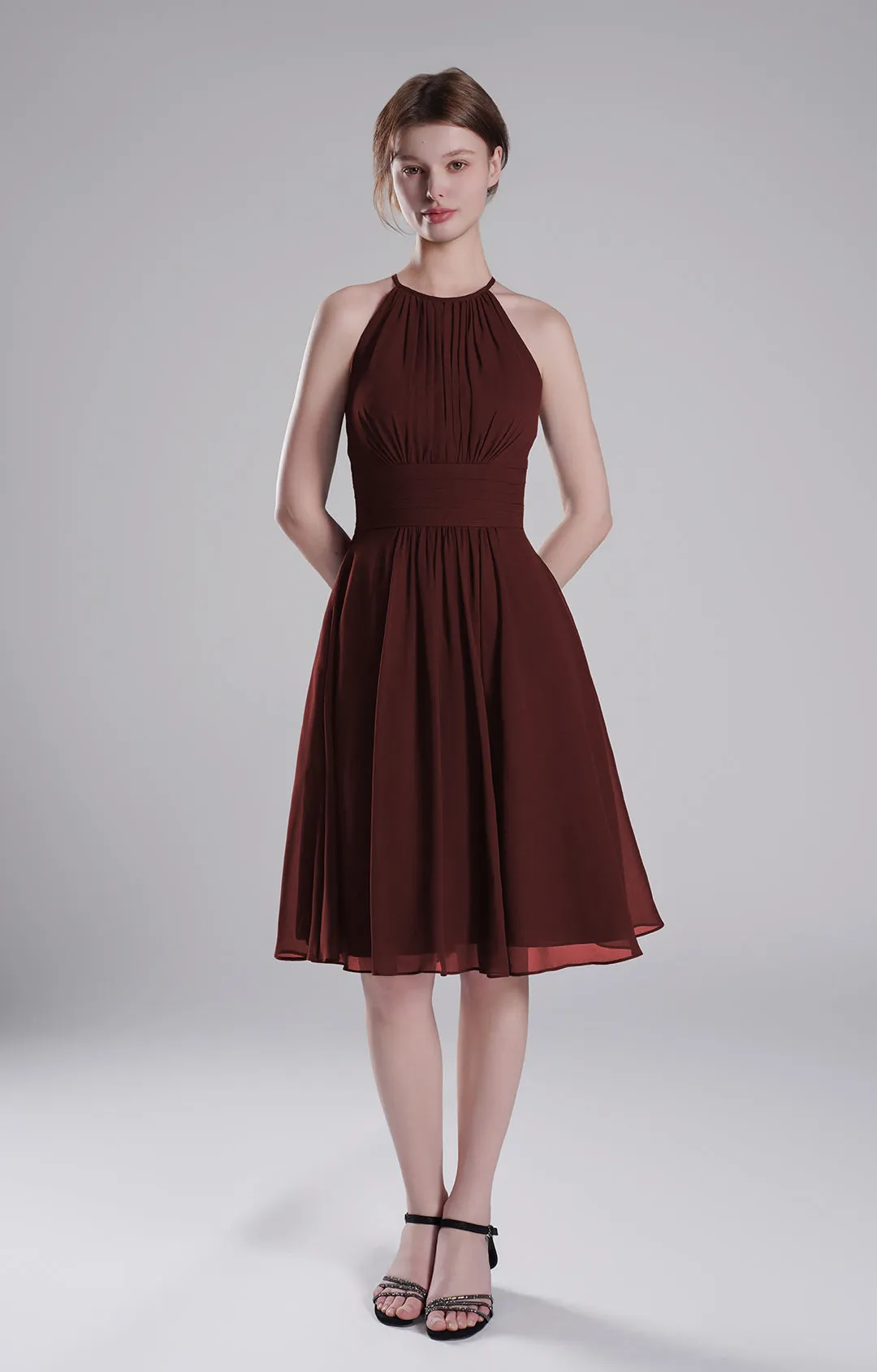 Halter Neck Pleated Bodice Flared Dresses