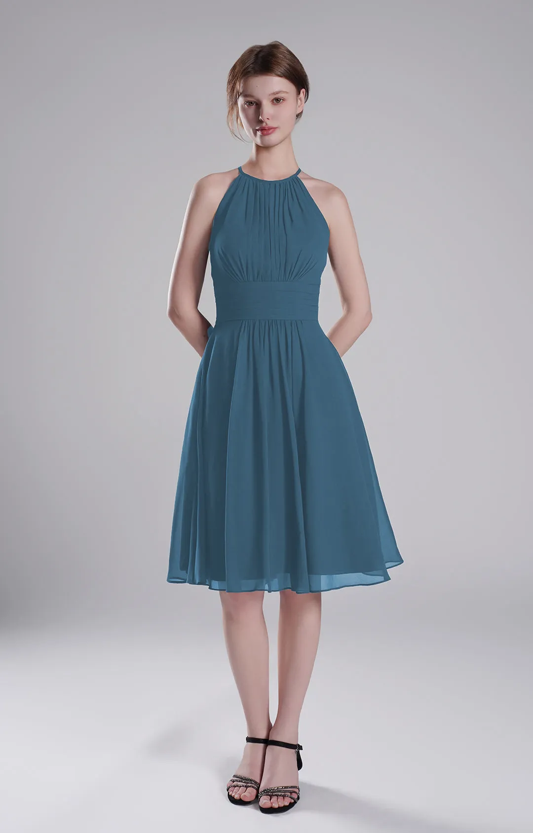 Halter Neck Pleated Bodice Flared Dresses
