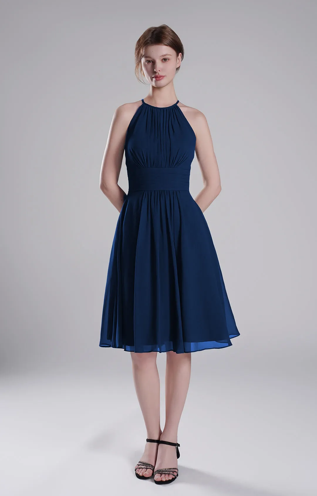 Halter Neck Pleated Bodice Flared Dresses