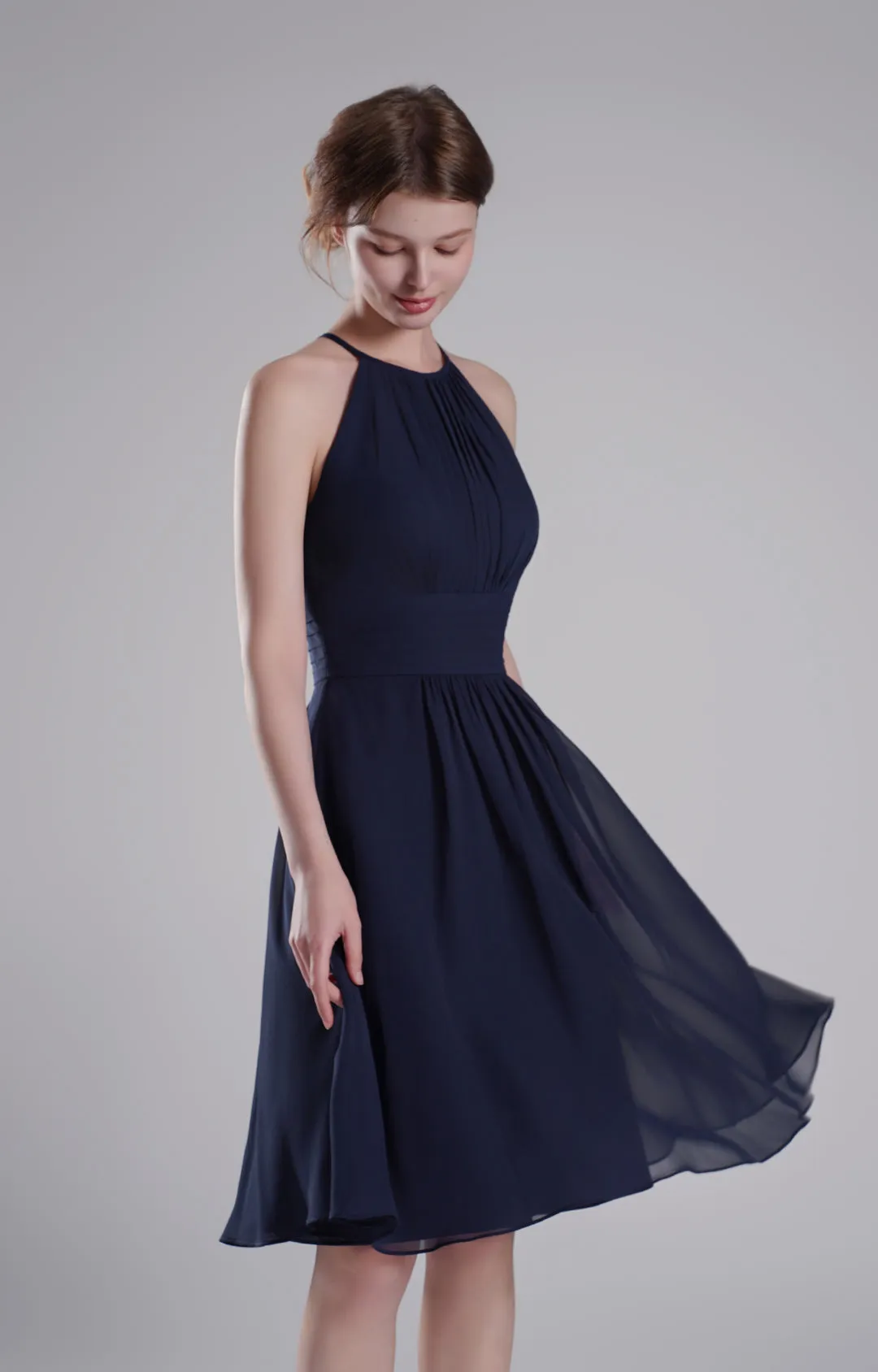 Halter Neck Pleated Bodice Flared Dresses