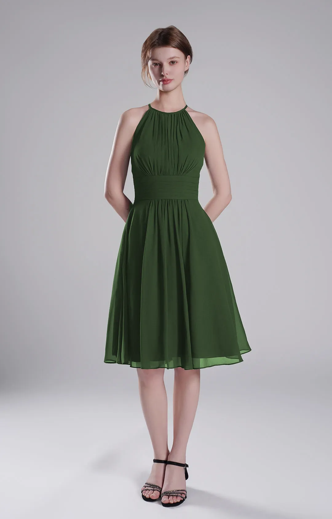 Halter Neck Pleated Bodice Flared Dresses