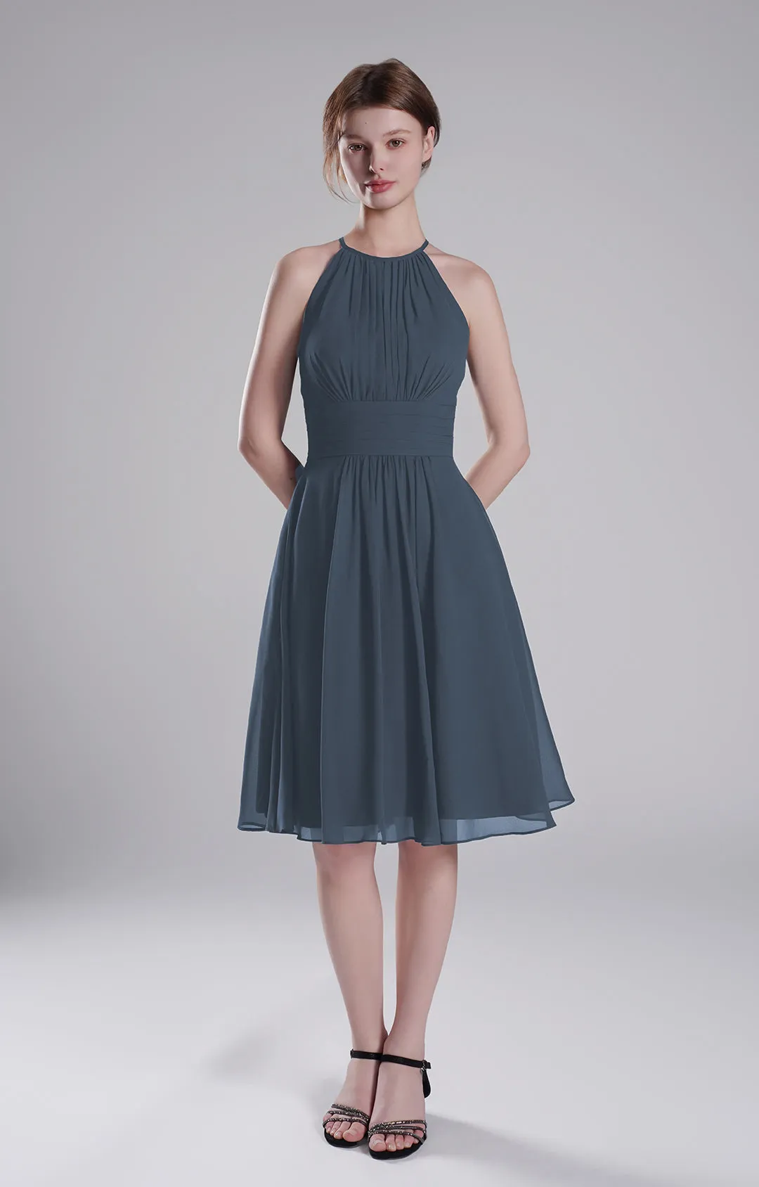 Halter Neck Pleated Bodice Flared Dresses