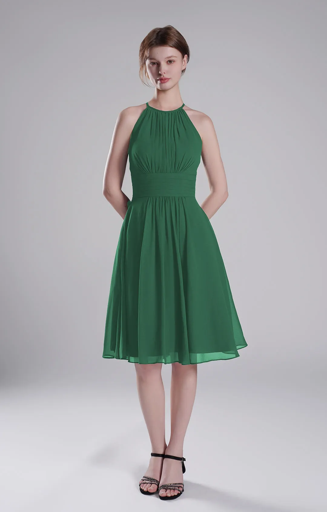 Halter Neck Pleated Bodice Flared Dresses