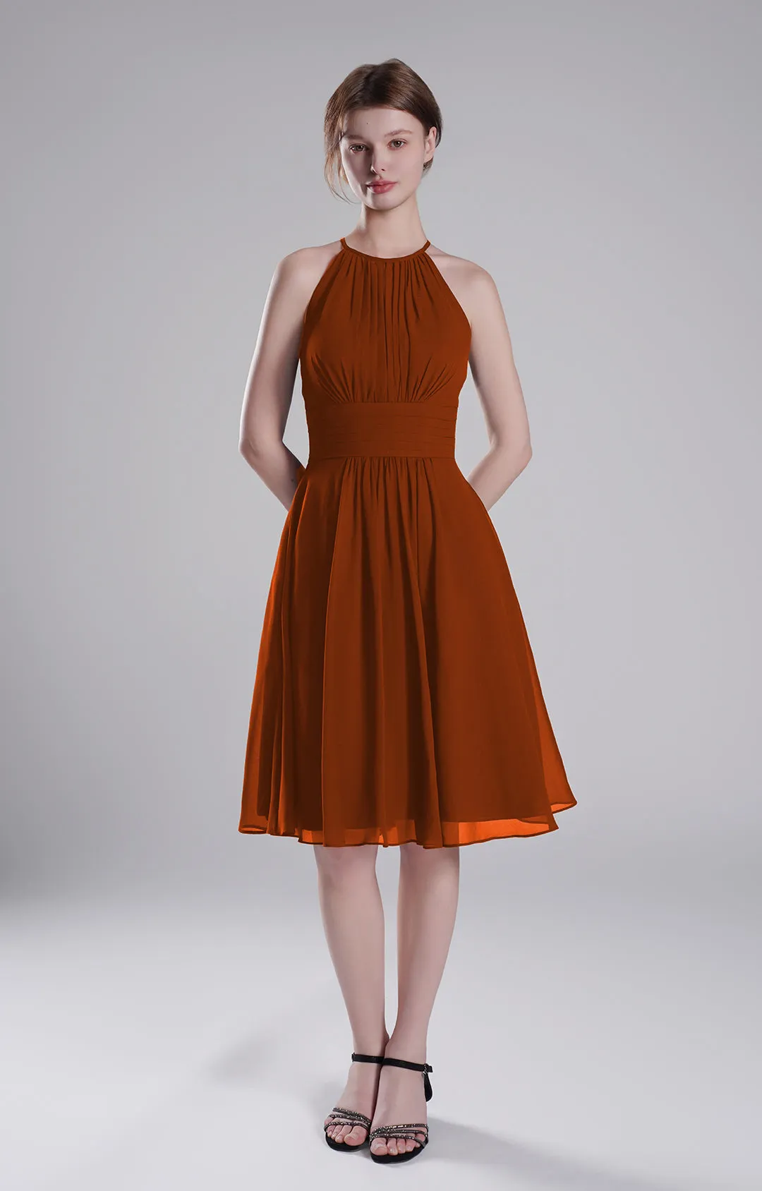 Halter Neck Pleated Bodice Flared Dresses