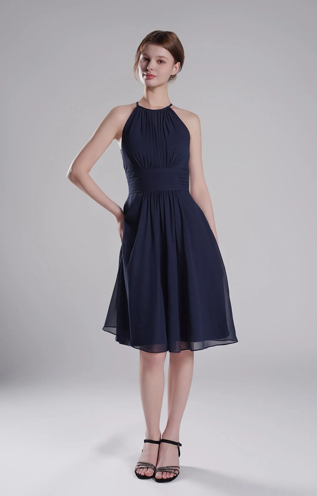 Halter Neck Pleated Bodice Flared Dresses
