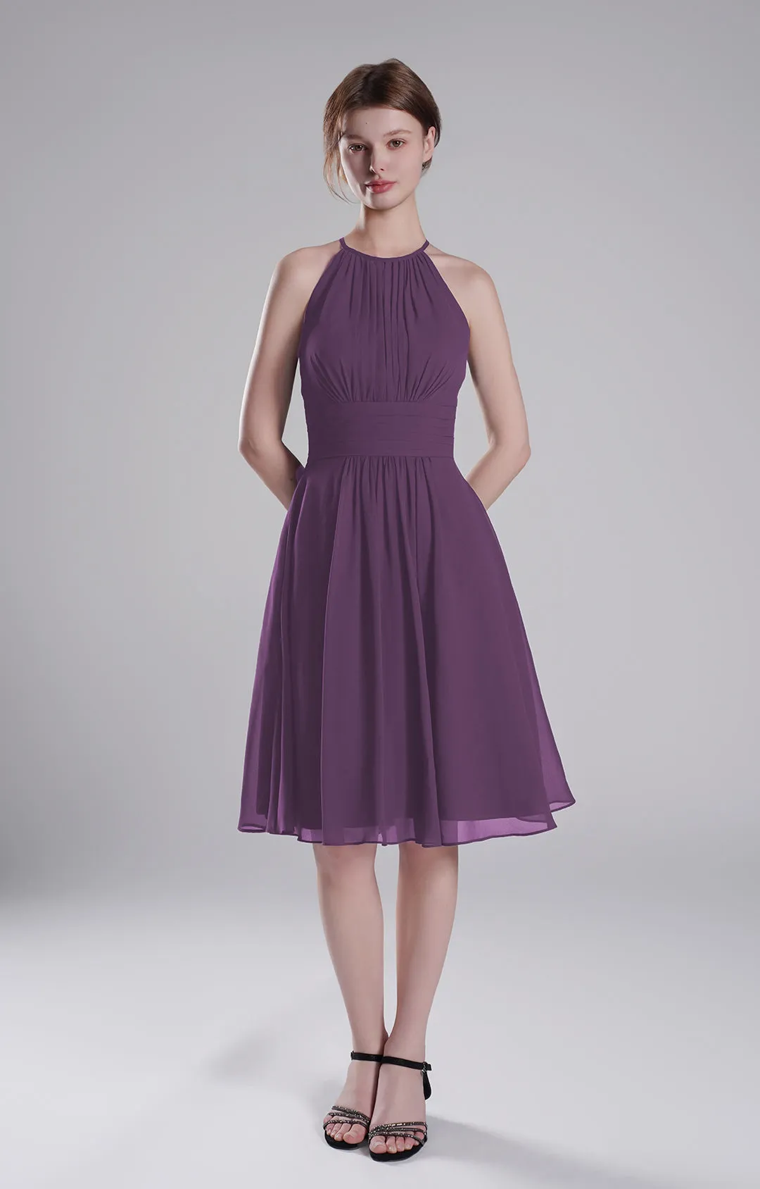 Halter Neck Pleated Bodice Flared Dresses
