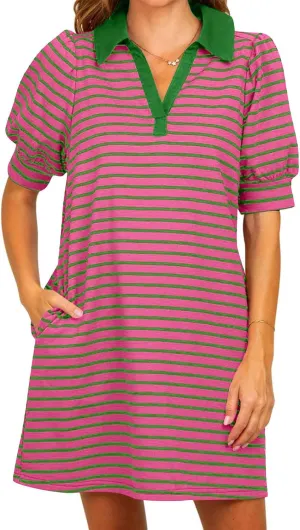 hlysgo Womens Summer Dresses 2025 Trendy Stripes Print Puff Short Sleeve V Neck Mini Dress Elegant Ladies Going Out Dress