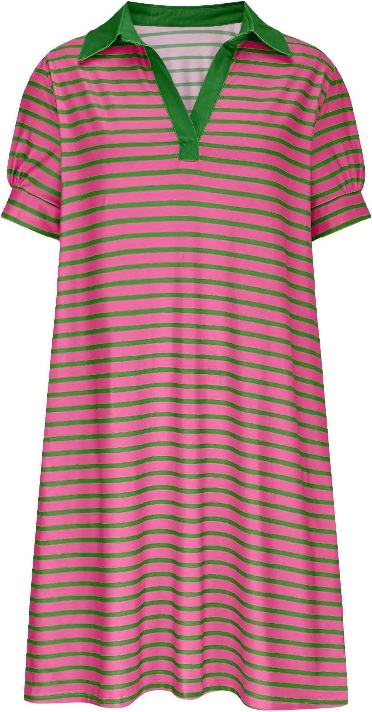 hlysgo Womens Summer Dresses 2025 Trendy Stripes Print Puff Short Sleeve V Neck Mini Dress Elegant Ladies Going Out Dress