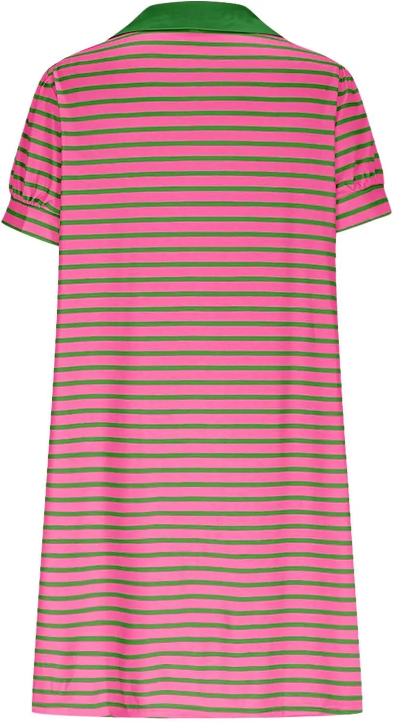 hlysgo Womens Summer Dresses 2025 Trendy Stripes Print Puff Short Sleeve V Neck Mini Dress Elegant Ladies Going Out Dress