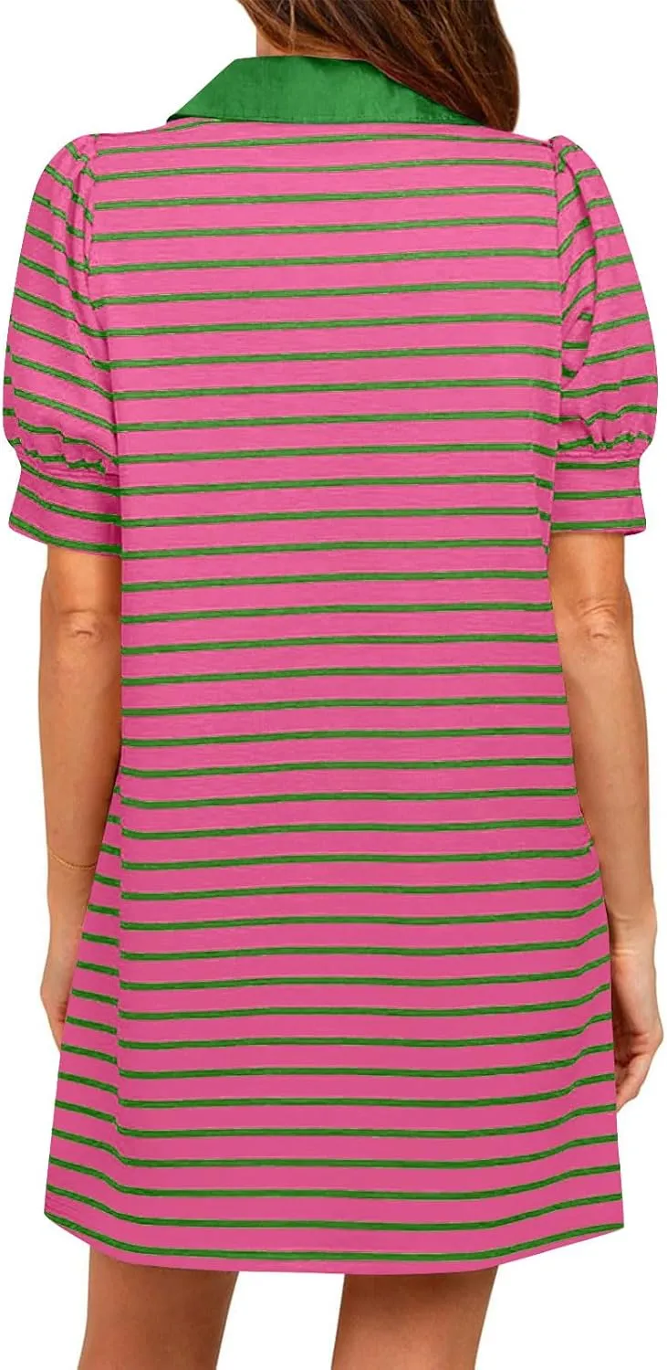 hlysgo Womens Summer Dresses 2025 Trendy Stripes Print Puff Short Sleeve V Neck Mini Dress Elegant Ladies Going Out Dress