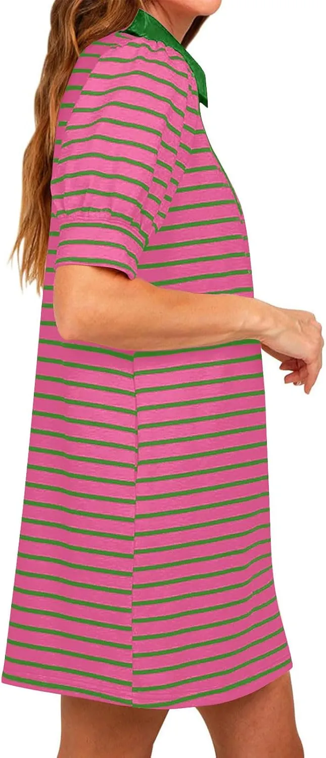 hlysgo Womens Summer Dresses 2025 Trendy Stripes Print Puff Short Sleeve V Neck Mini Dress Elegant Ladies Going Out Dress