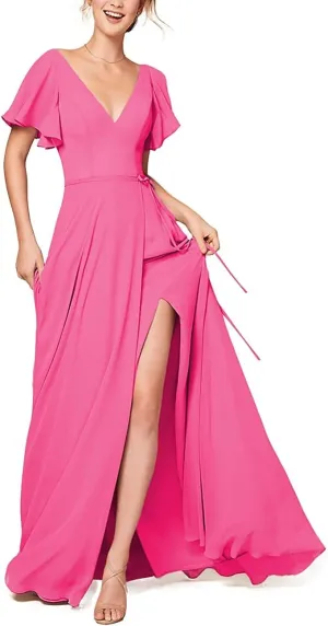 Hot Pink Bridesmaid Dresses Slit Long Chiffon Prom Dress V Neck Ruffle Short Sleeve Formal Evening Gowns COO21-14