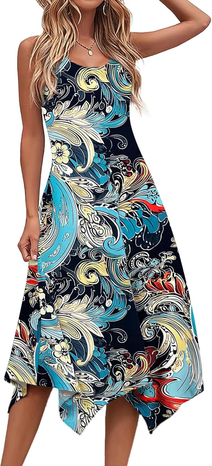 HOTOUCH Women's Casual Summer Dress Sleeveless Sundress Hankerchief Hem Midi Tank Dresses Beach Dress with Pockets