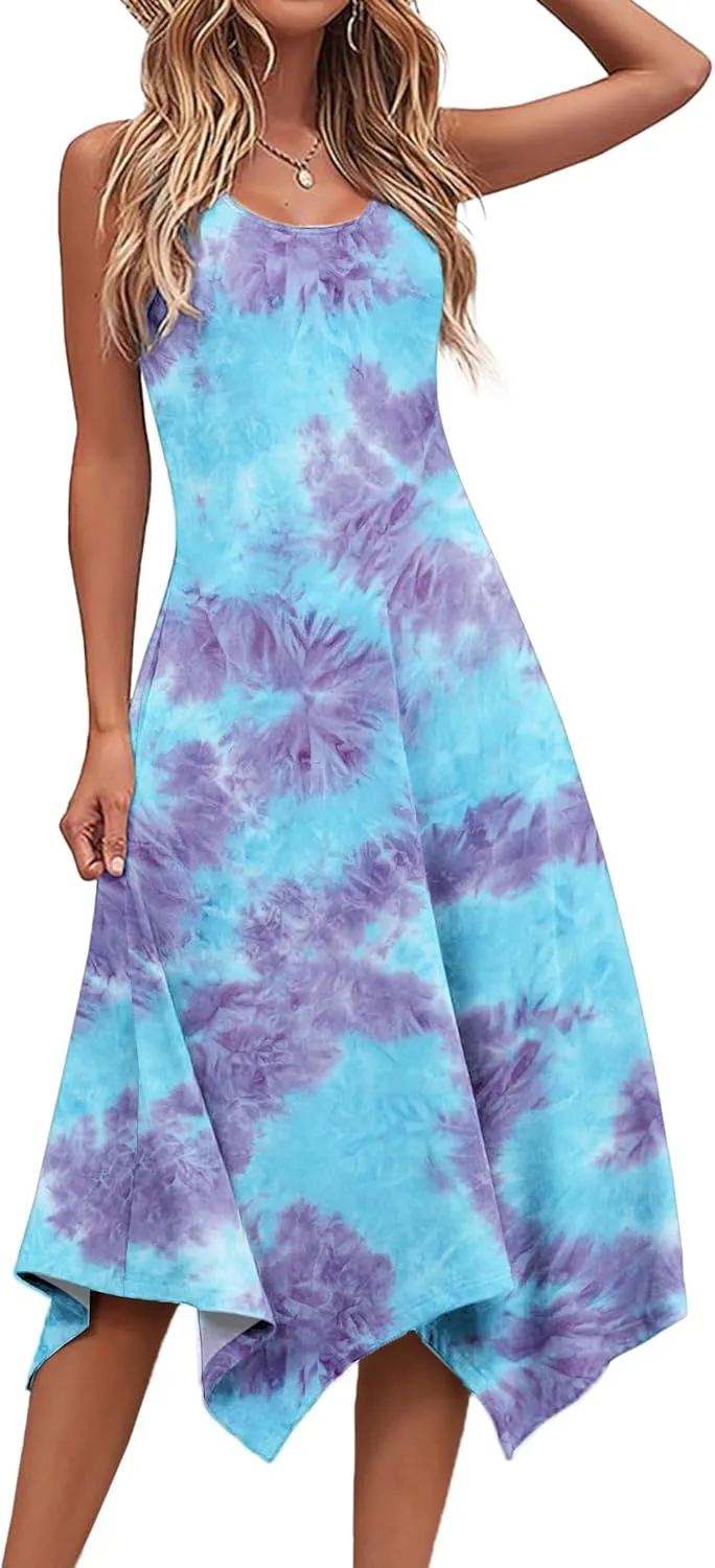 HOTOUCH Women's Casual Summer Dress Sleeveless Sundress Hankerchief Hem Midi Tank Dresses Beach Dress with Pockets