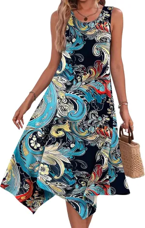 HOTOUCH Women's Casual Summer Dress Sleeveless Sundress Hankerchief Hem Midi Tank Dresses Beach Dress with Pockets