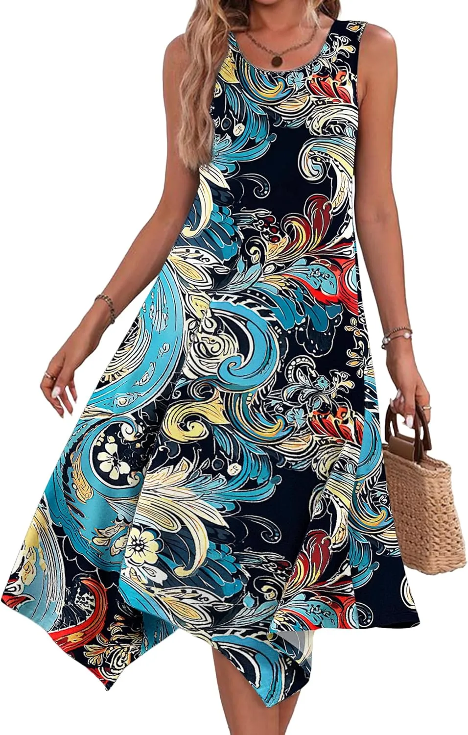 HOTOUCH Women's Casual Summer Dress Sleeveless Sundress Hankerchief Hem Midi Tank Dresses Beach Dress with Pockets