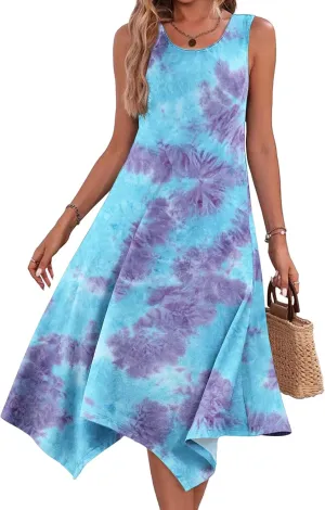 HOTOUCH Women's Casual Summer Dress Sleeveless Sundress Hankerchief Hem Midi Tank Dresses Beach Dress with Pockets