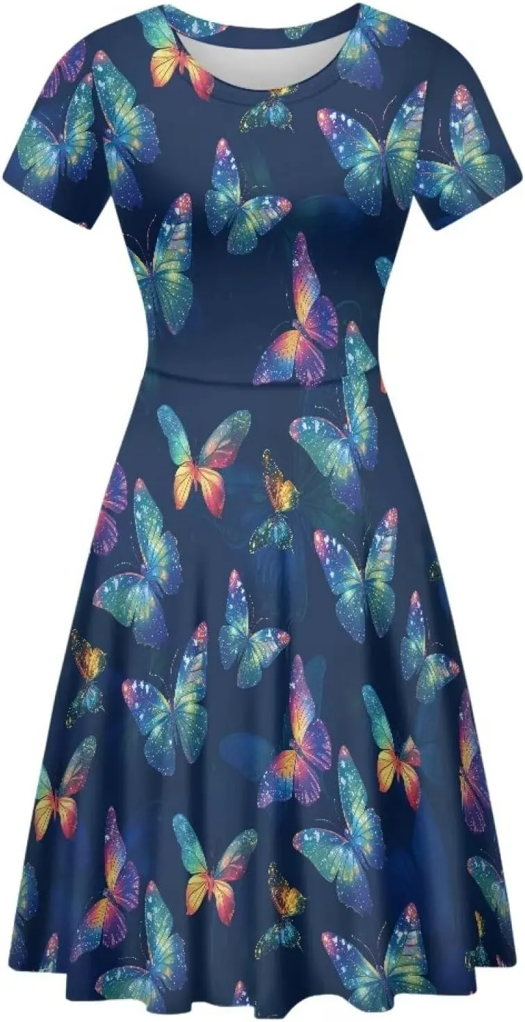 HUGS IDEA Womens Puffy Swing Midi Dress Round Neck Short Sleeve Party A-Line Dresses