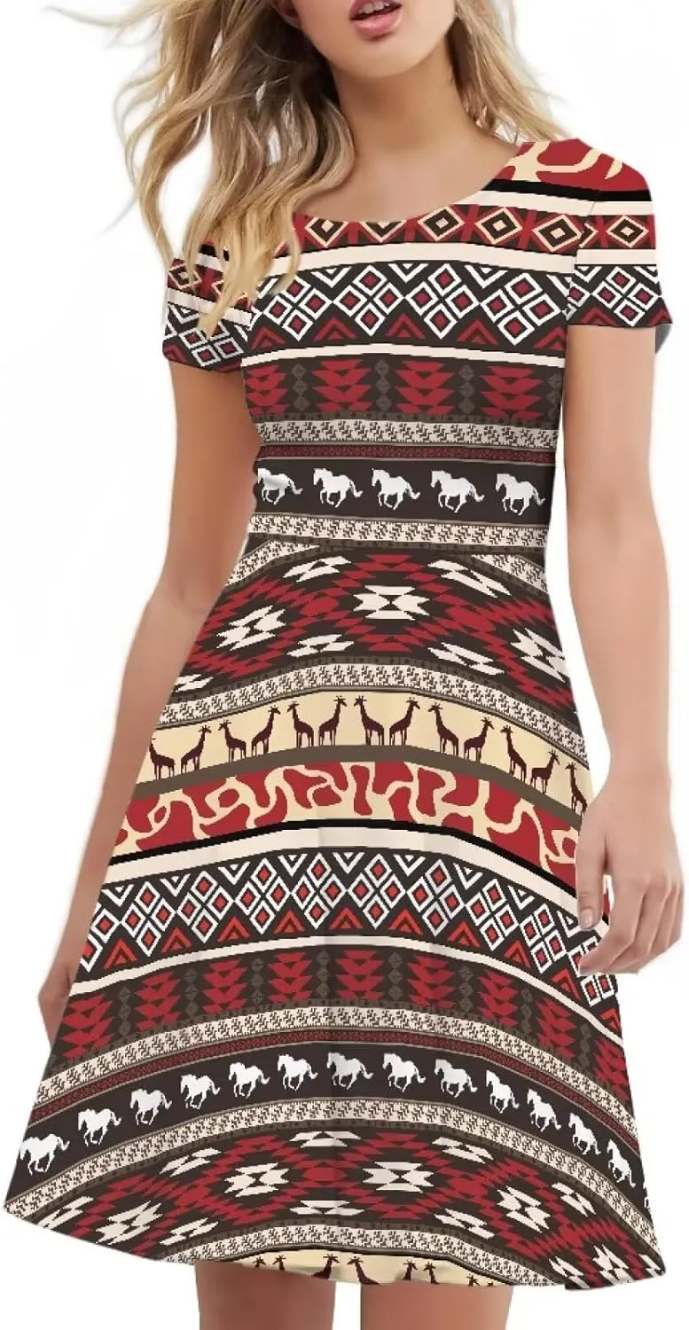 HUGS IDEA Womens Puffy Swing Midi Dress Round Neck Short Sleeve Party A-Line Dresses