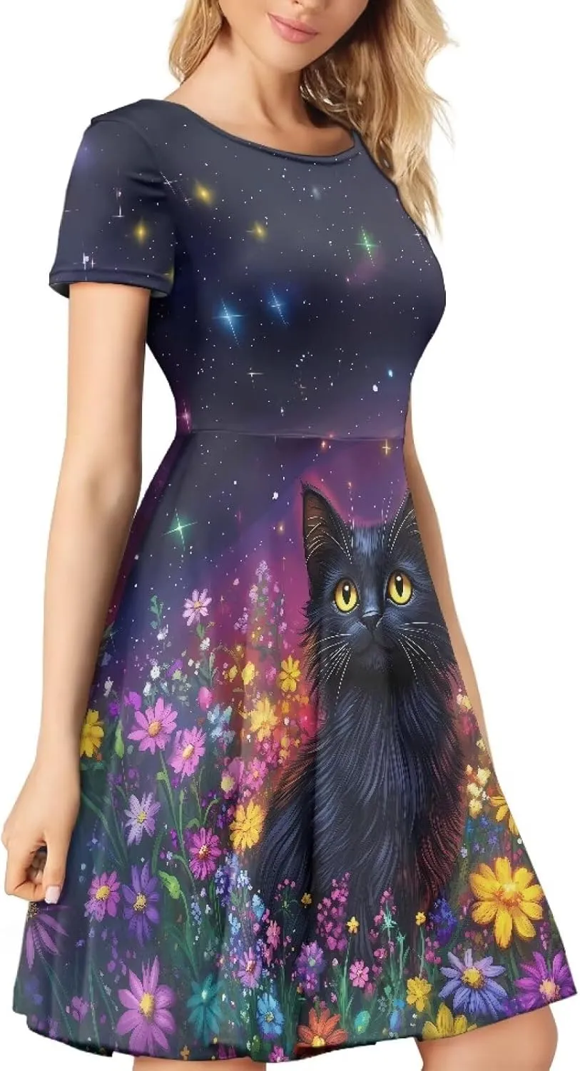 HUGS IDEA Womens Puffy Swing Midi Dress Round Neck Short Sleeve Party A-Line Dresses