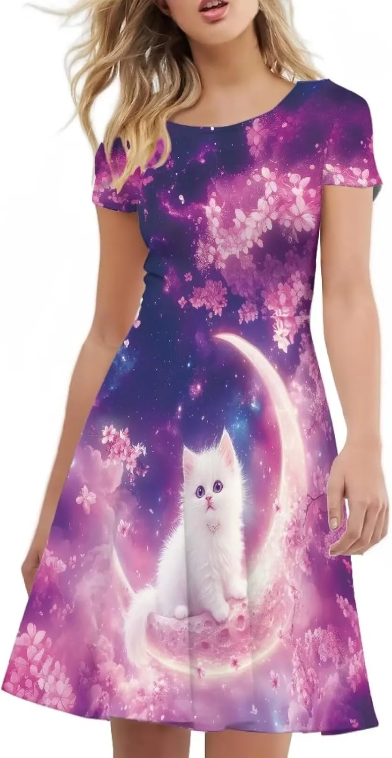 HUGS IDEA Womens Puffy Swing Midi Dress Round Neck Short Sleeve Party A-Line Dresses
