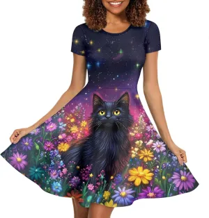 HUGS IDEA Womens Puffy Swing Midi Dress Round Neck Short Sleeve Party A-Line Dresses