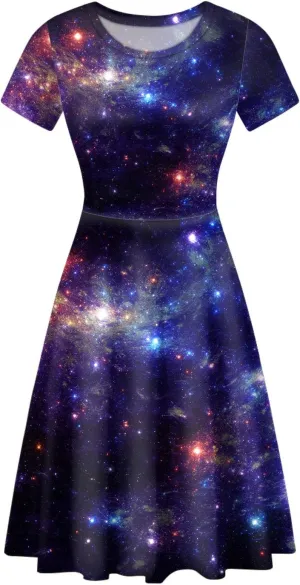 HUGS IDEA Womens Puffy Swing Midi Dress Round Neck Short Sleeve Party A-Line Dresses