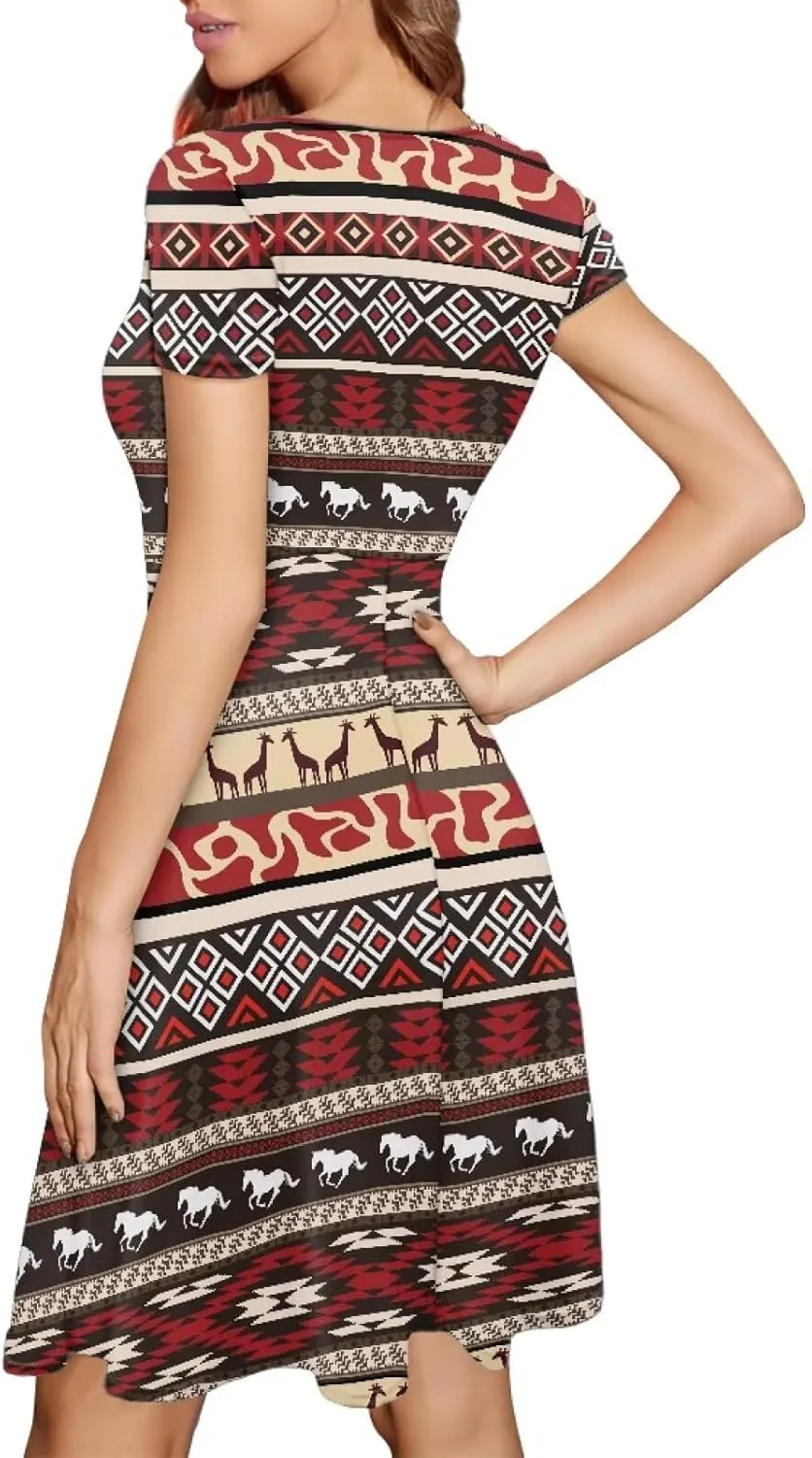 HUGS IDEA Womens Puffy Swing Midi Dress Round Neck Short Sleeve Party A-Line Dresses