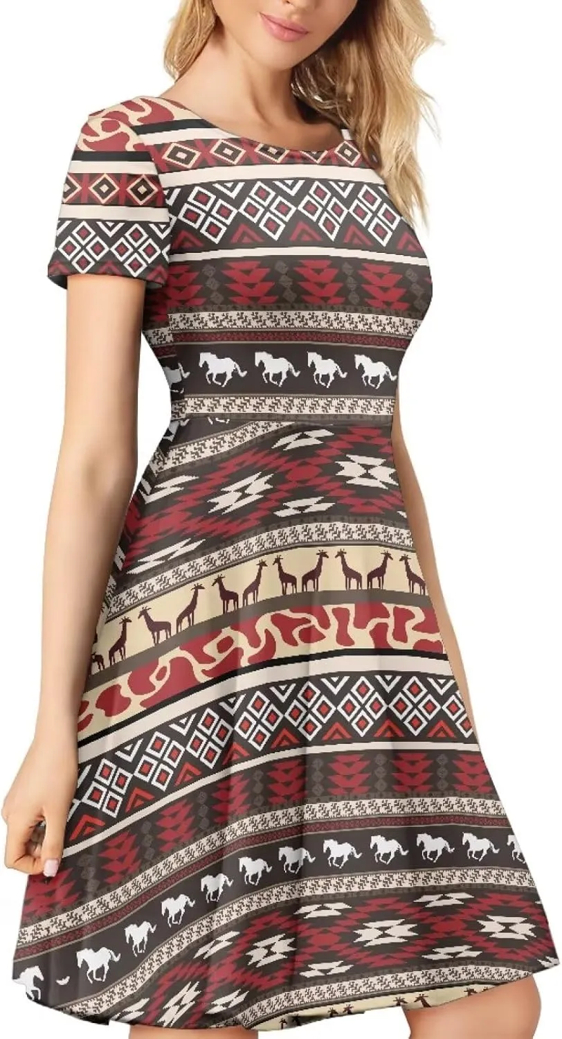 HUGS IDEA Womens Puffy Swing Midi Dress Round Neck Short Sleeve Party A-Line Dresses