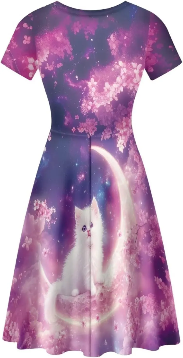 HUGS IDEA Womens Puffy Swing Midi Dress Round Neck Short Sleeve Party A-Line Dresses