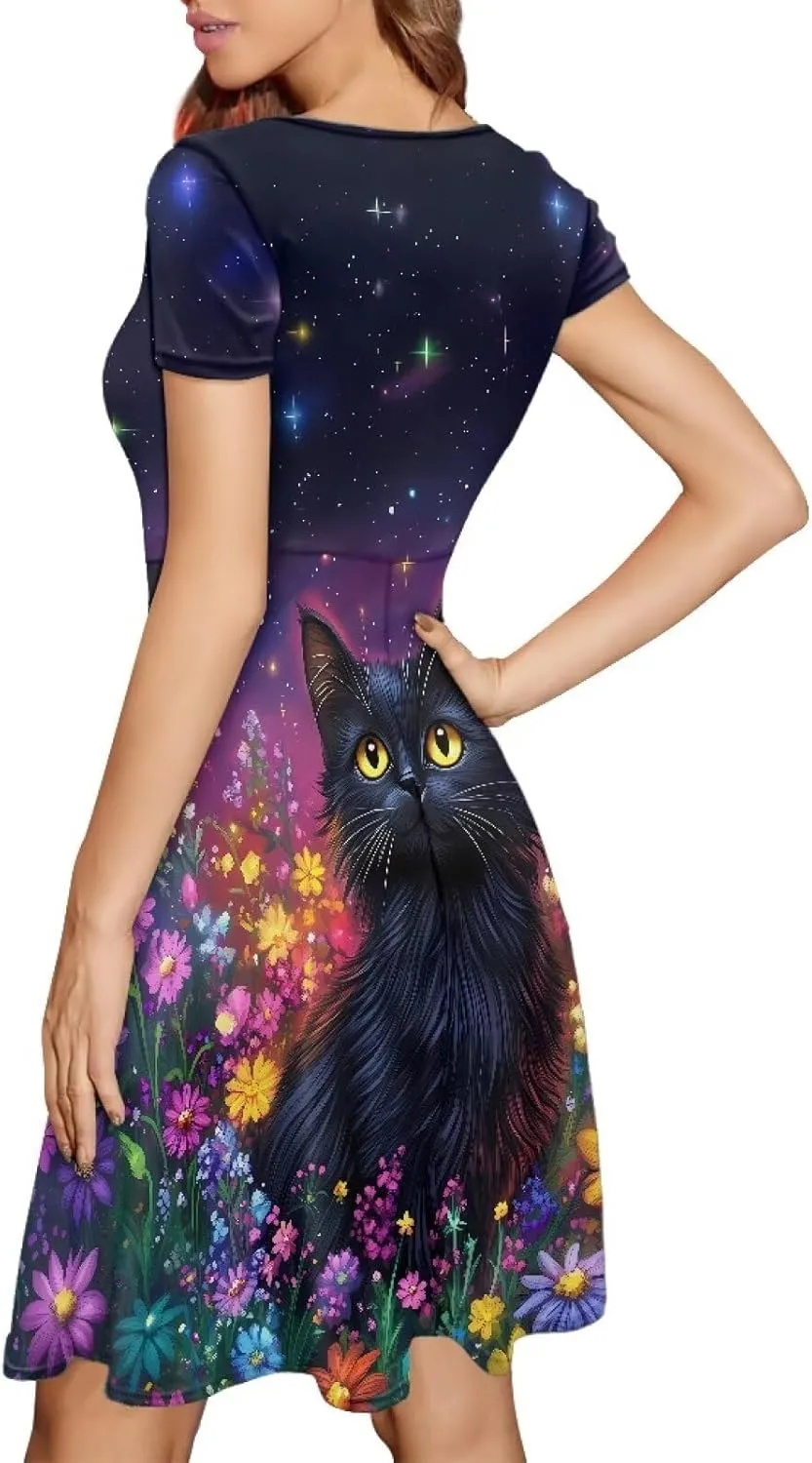 HUGS IDEA Womens Puffy Swing Midi Dress Round Neck Short Sleeve Party A-Line Dresses