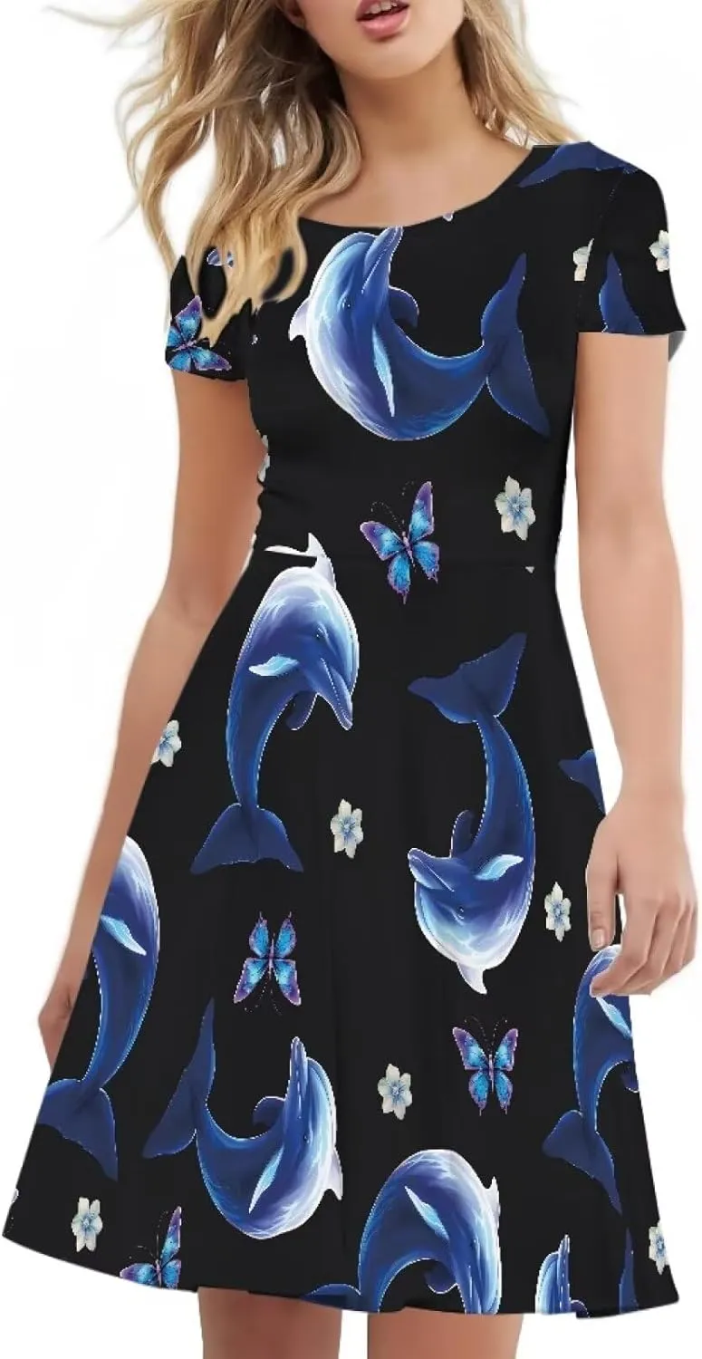 HUGS IDEA Womens Puffy Swing Midi Dress Round Neck Short Sleeve Party A-Line Dresses