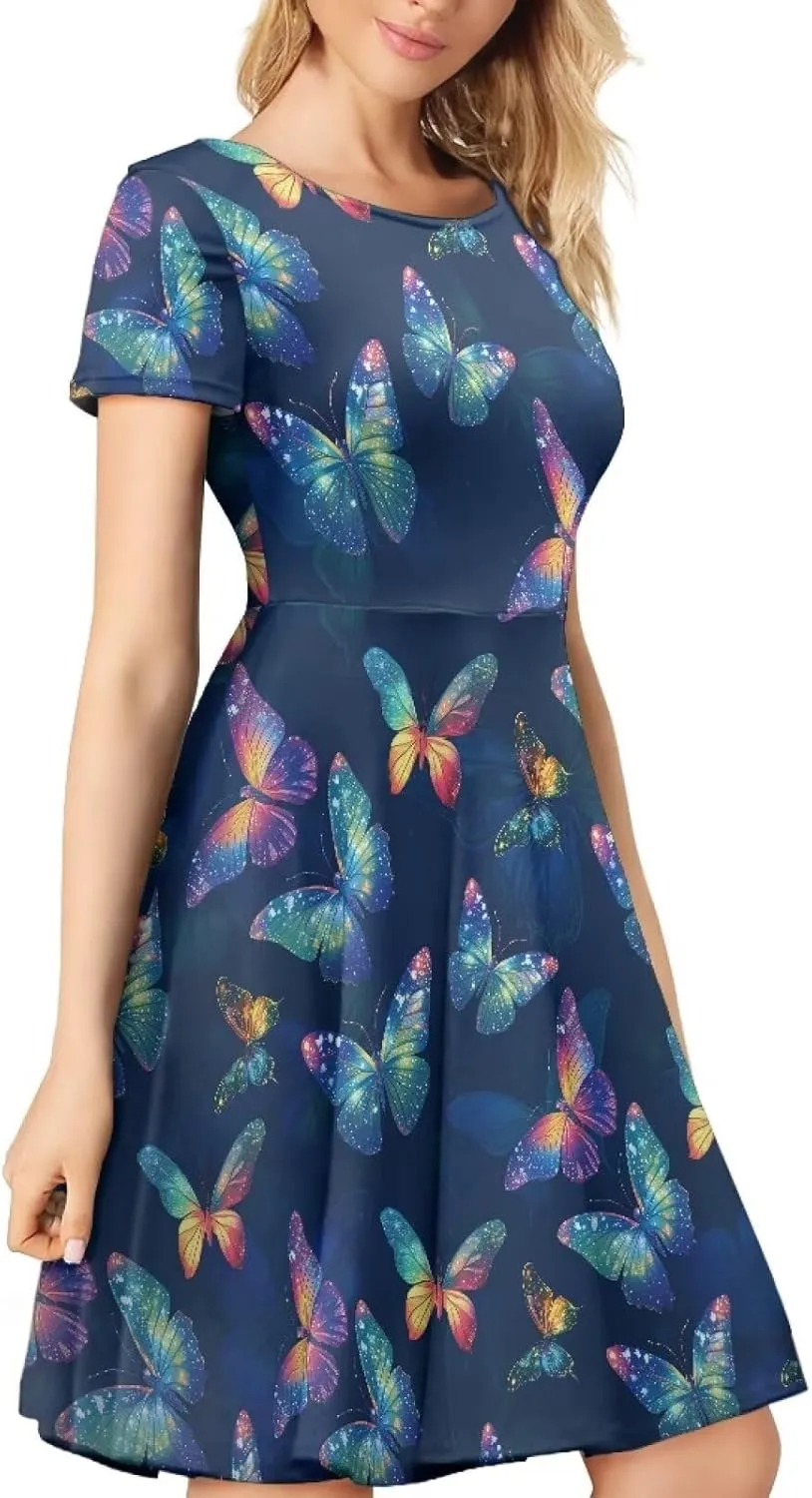 HUGS IDEA Womens Puffy Swing Midi Dress Round Neck Short Sleeve Party A-Line Dresses