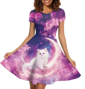 HUGS IDEA Womens Puffy Swing Midi Dress Round Neck Short Sleeve Party A-Line Dresses
