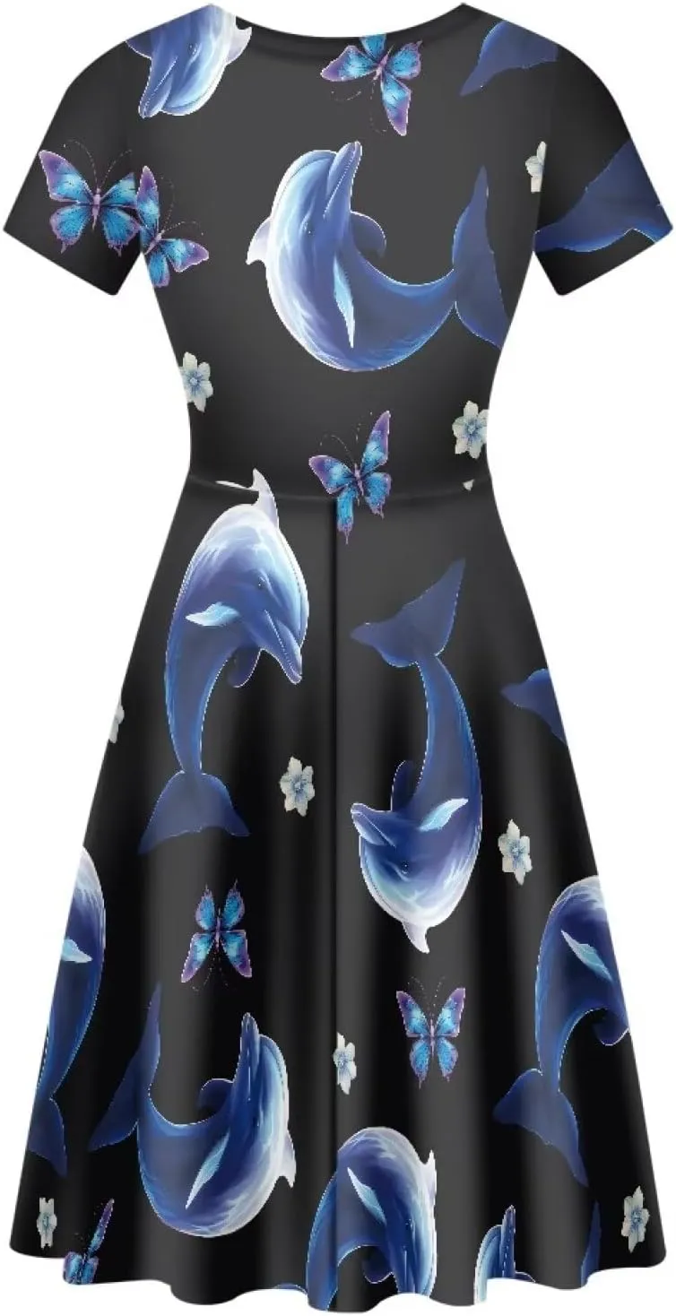 HUGS IDEA Womens Puffy Swing Midi Dress Round Neck Short Sleeve Party A-Line Dresses