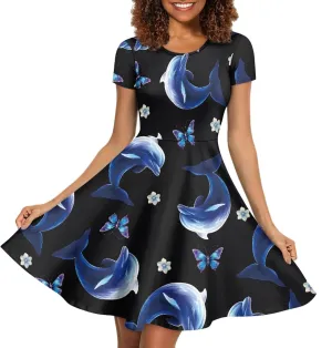HUGS IDEA Womens Puffy Swing Midi Dress Round Neck Short Sleeve Party A-Line Dresses
