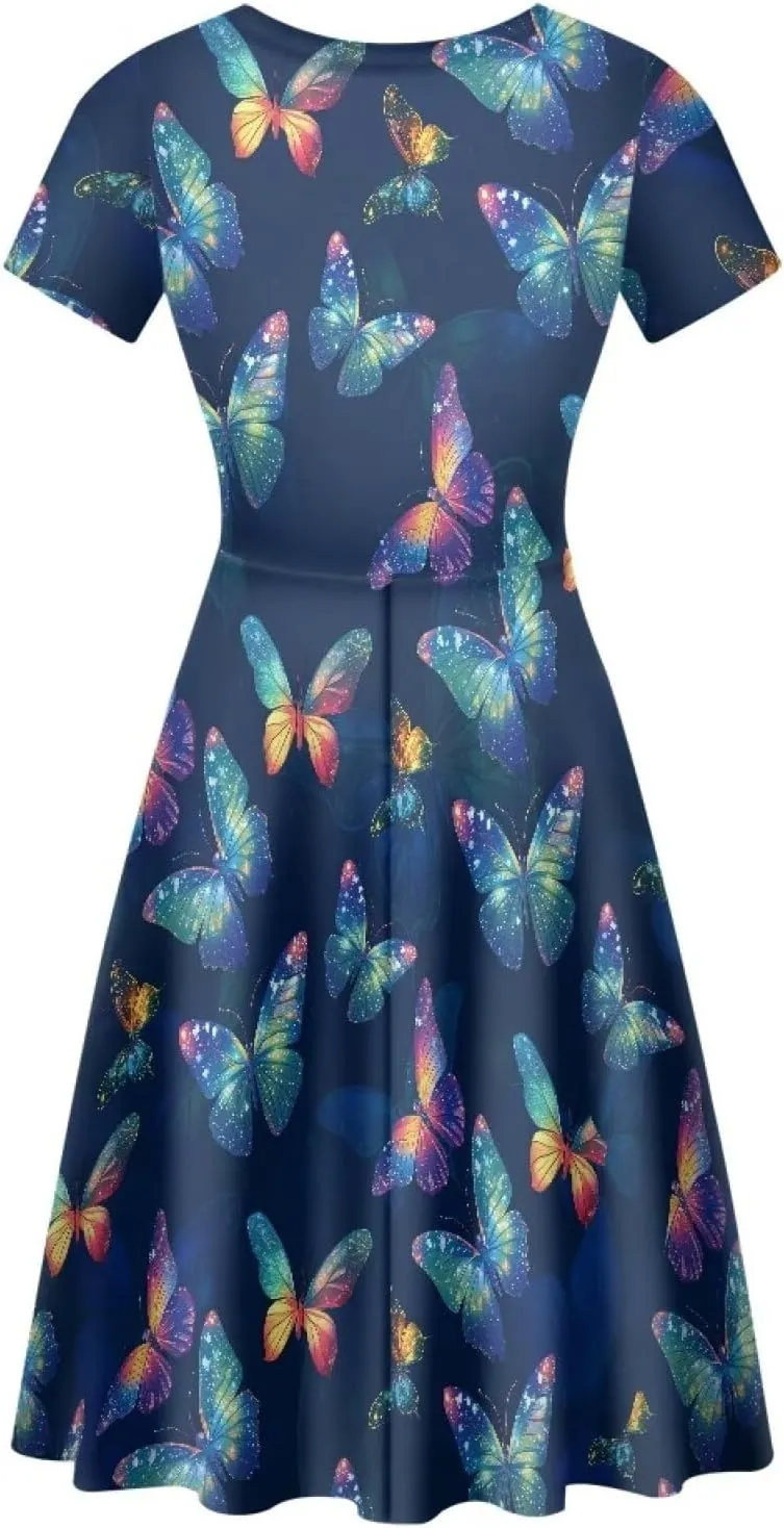HUGS IDEA Womens Puffy Swing Midi Dress Round Neck Short Sleeve Party A-Line Dresses