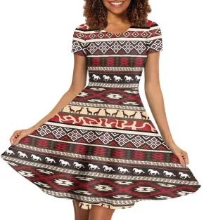HUGS IDEA Womens Puffy Swing Midi Dress Round Neck Short Sleeve Party A-Line Dresses