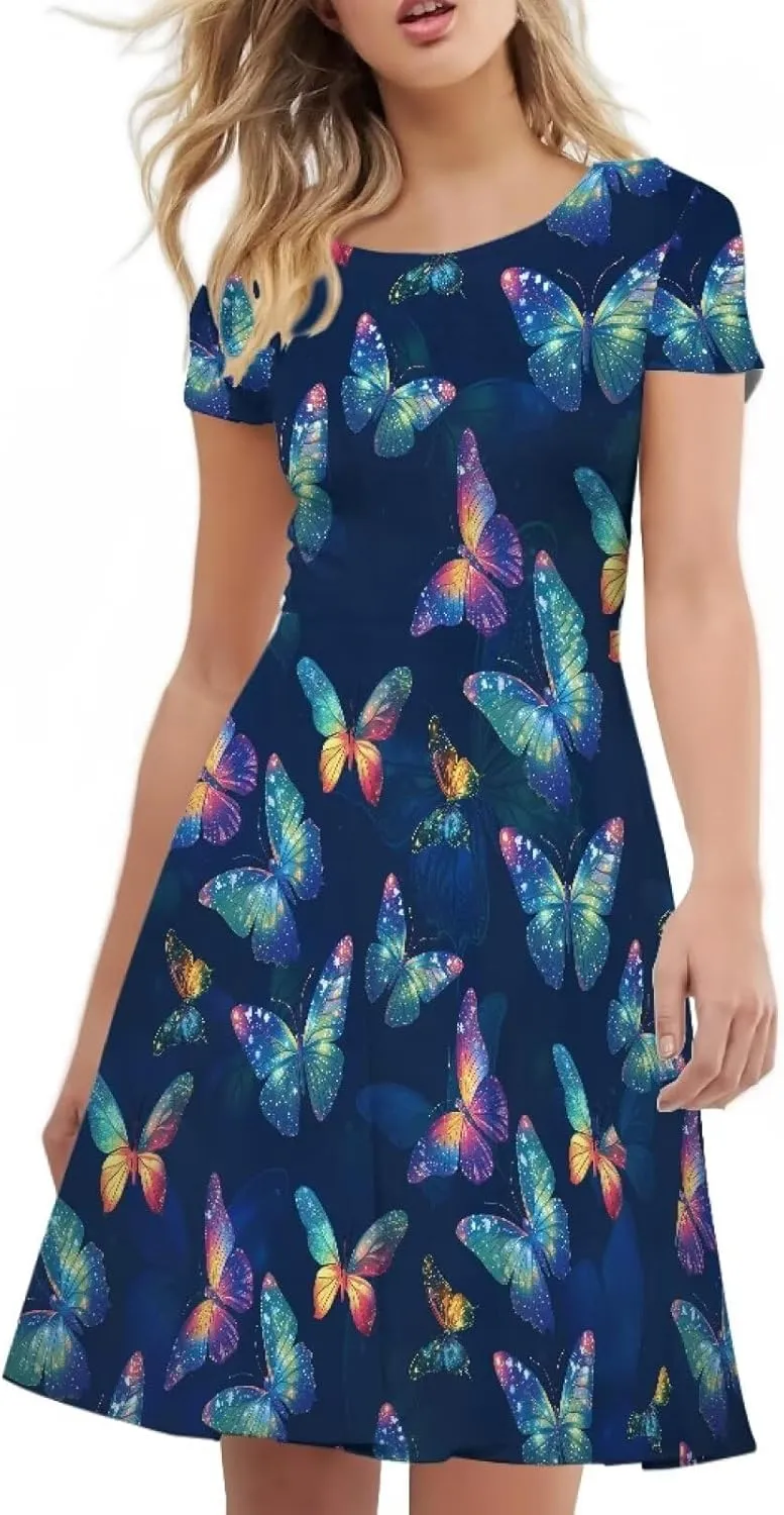 HUGS IDEA Womens Puffy Swing Midi Dress Round Neck Short Sleeve Party A-Line Dresses