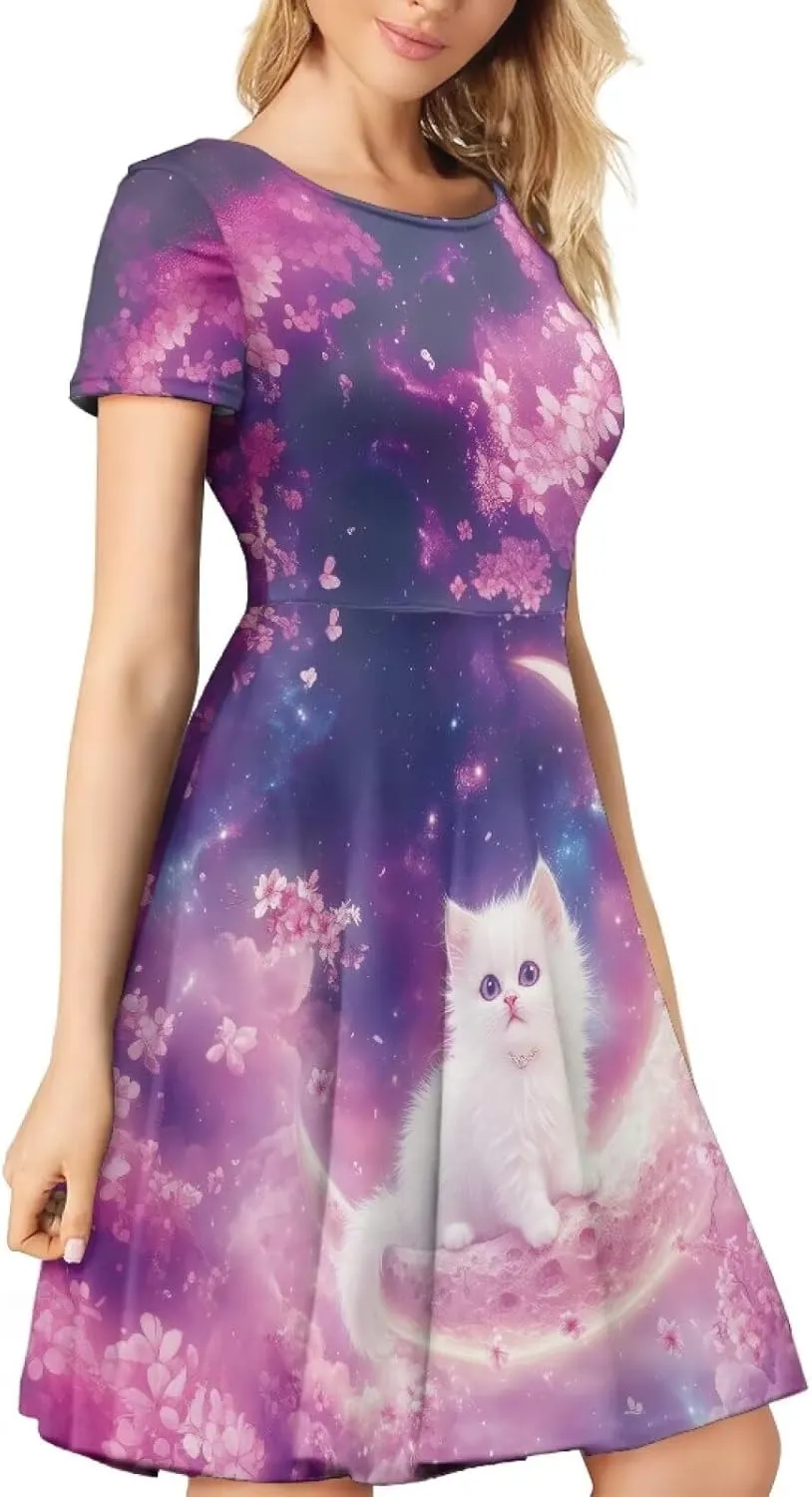 HUGS IDEA Womens Puffy Swing Midi Dress Round Neck Short Sleeve Party A-Line Dresses