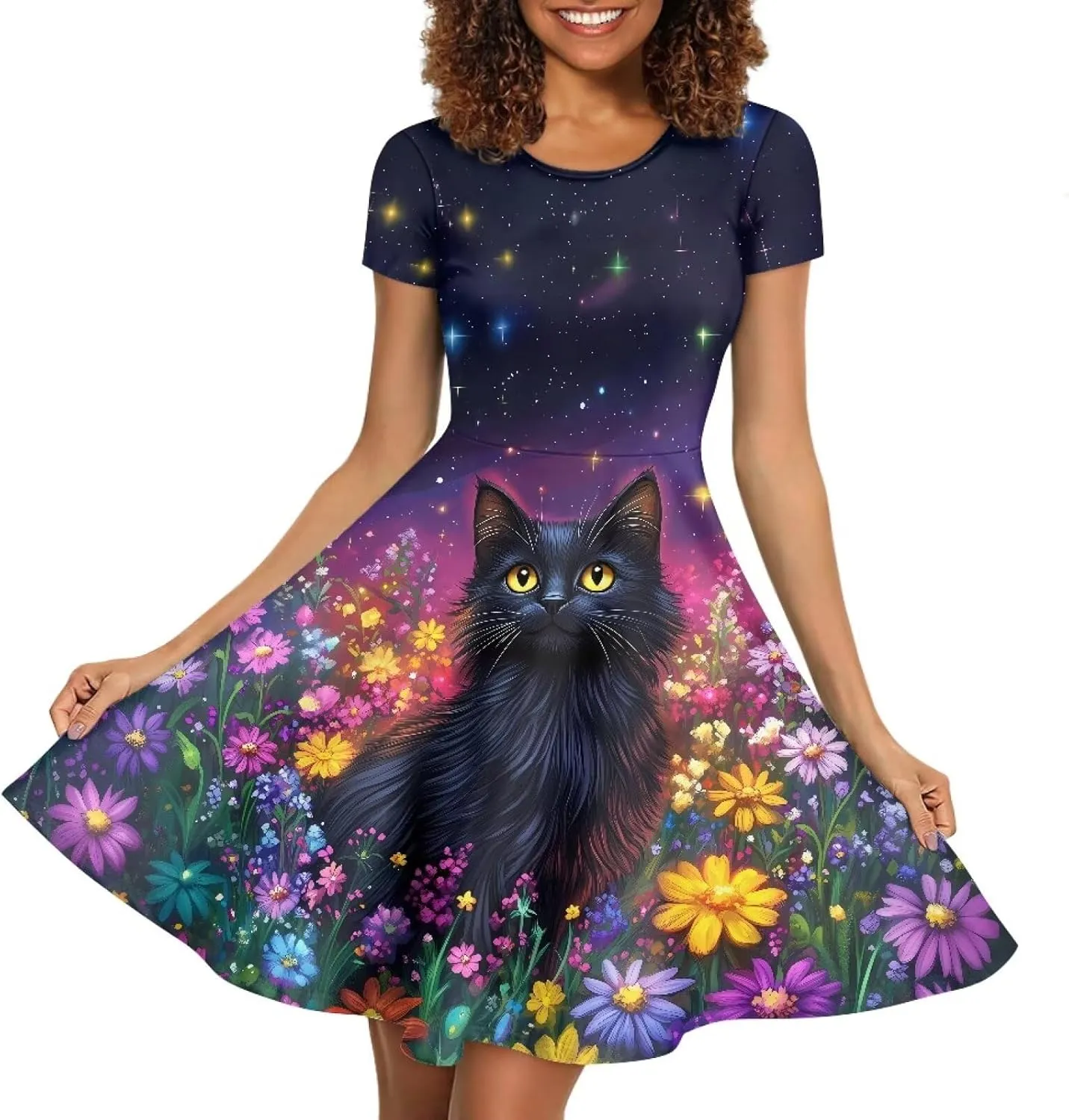 HUGS IDEA Womens Puffy Swing Midi Dress Round Neck Short Sleeve Party A-Line Dresses