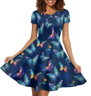 HUGS IDEA Womens Puffy Swing Midi Dress Round Neck Short Sleeve Party A-Line Dresses