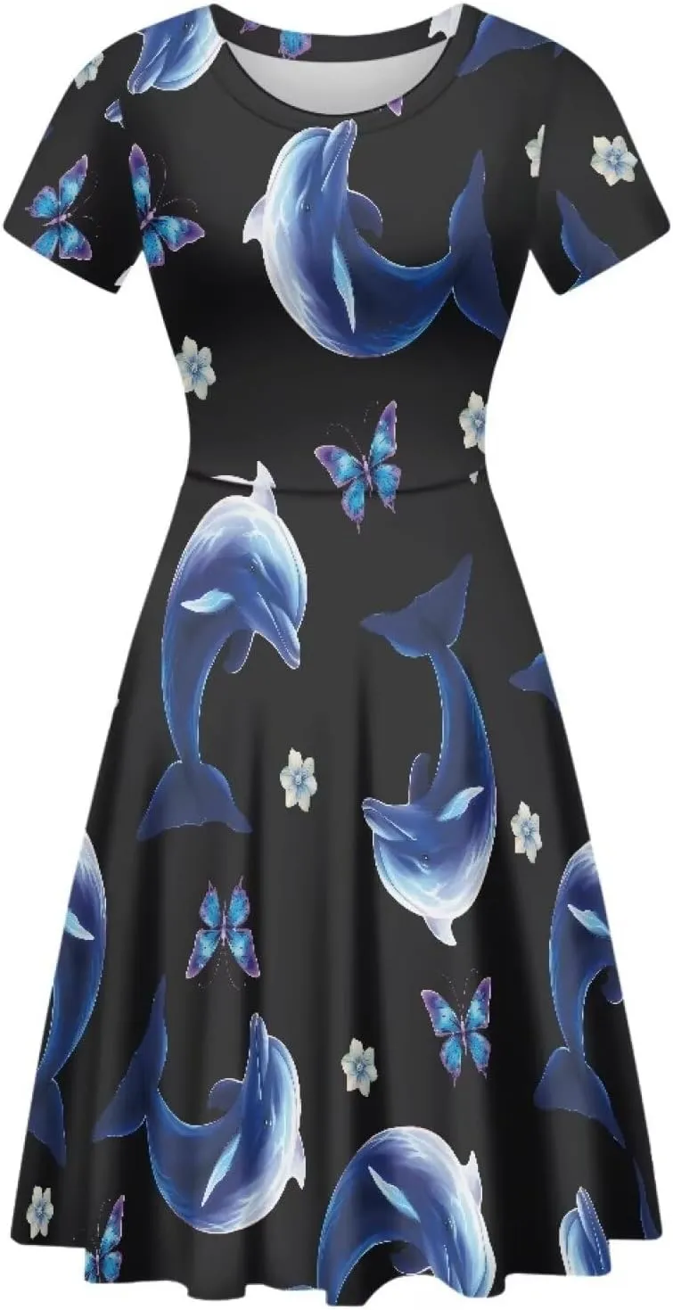 HUGS IDEA Womens Puffy Swing Midi Dress Round Neck Short Sleeve Party A-Line Dresses