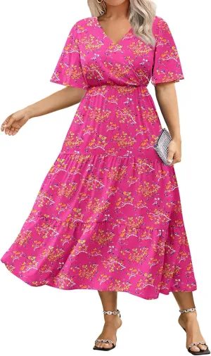 IN'VOLAND Plus Size Short Sleeve Dress for Women Summer Casual V Neck Floral Maxi Dresses with Pockets