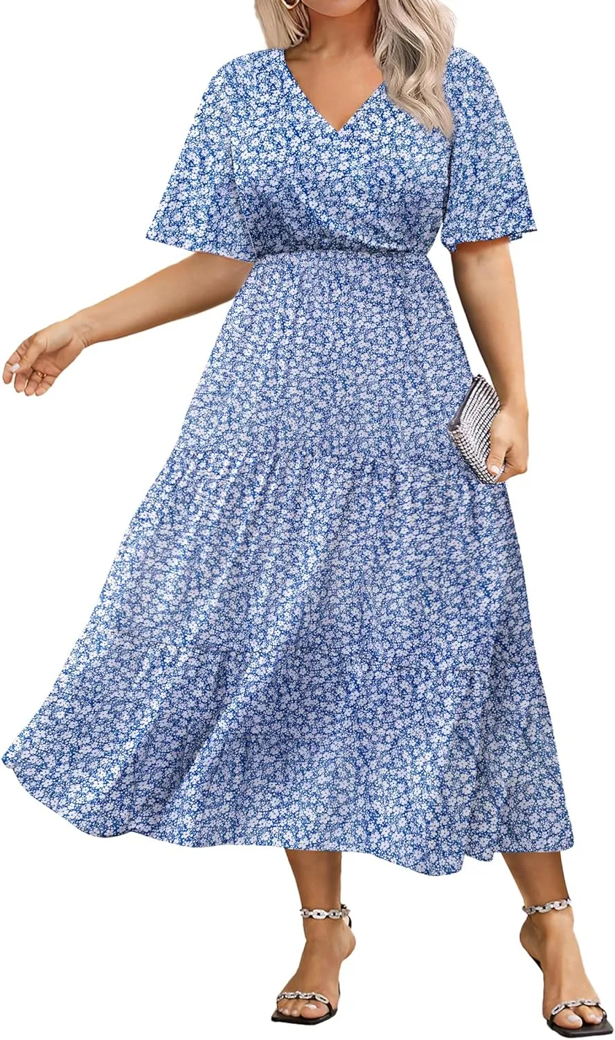 IN'VOLAND Plus Size Short Sleeve Dress for Women Summer Casual V Neck Floral Maxi Dresses with Pockets