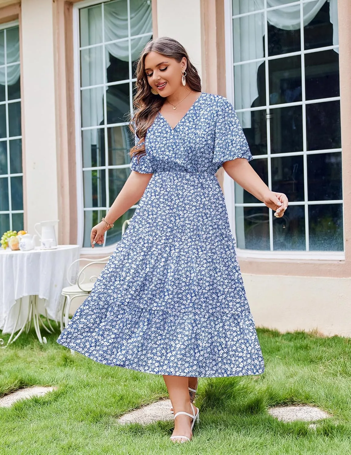 IN'VOLAND Plus Size Short Sleeve Dress for Women Summer Casual V Neck Floral Maxi Dresses with Pockets