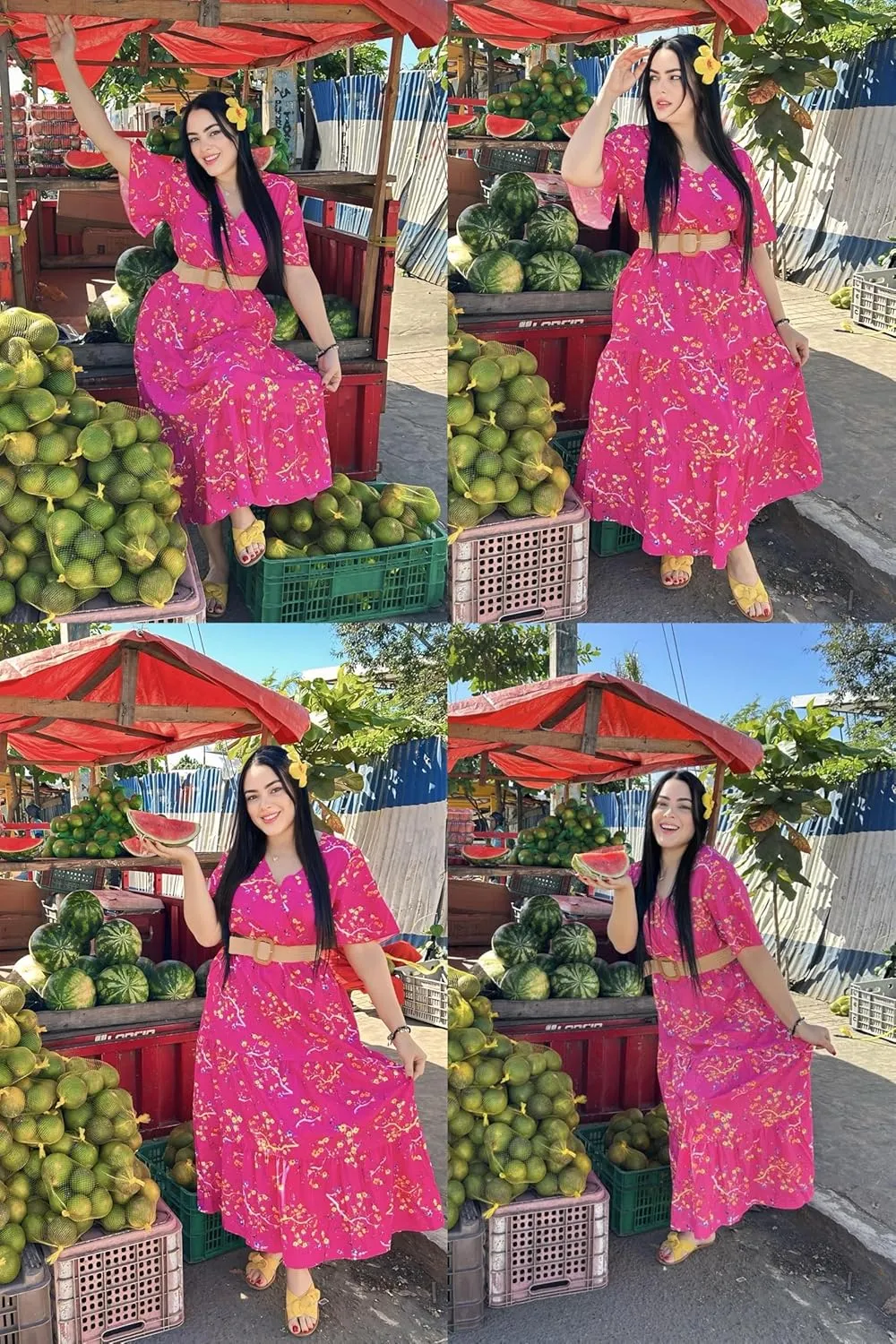 IN'VOLAND Plus Size Short Sleeve Dress for Women Summer Casual V Neck Floral Maxi Dresses with Pockets