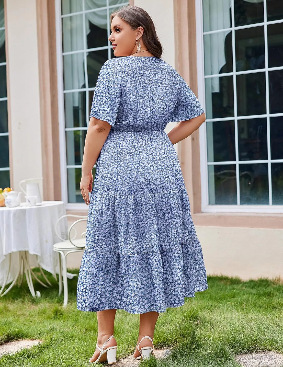 IN'VOLAND Plus Size Short Sleeve Dress for Women Summer Casual V Neck Floral Maxi Dresses with Pockets