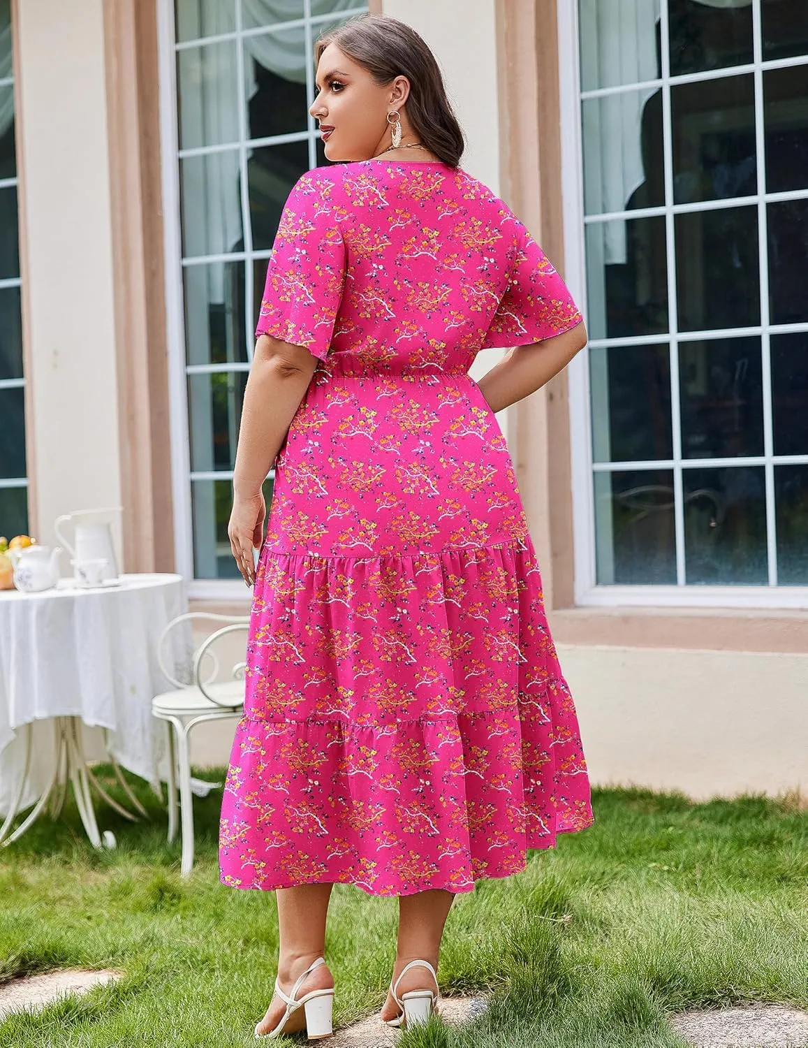 IN'VOLAND Plus Size Short Sleeve Dress for Women Summer Casual V Neck Floral Maxi Dresses with Pockets